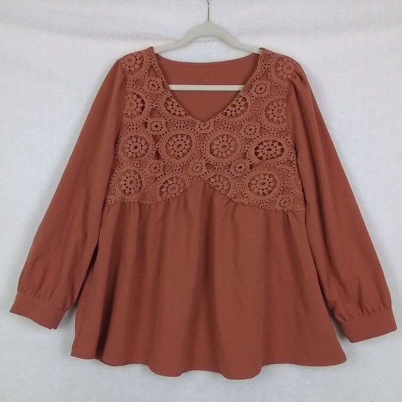 Shein Curve Boho Blouse Size XL Orange Lace Long Sleeve‎ Peasant - Picture 1 of 10